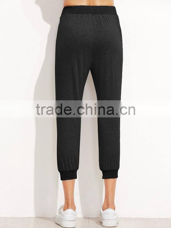 Woman's/Ladies' Black Cotton Cut Out Drawstring Pants