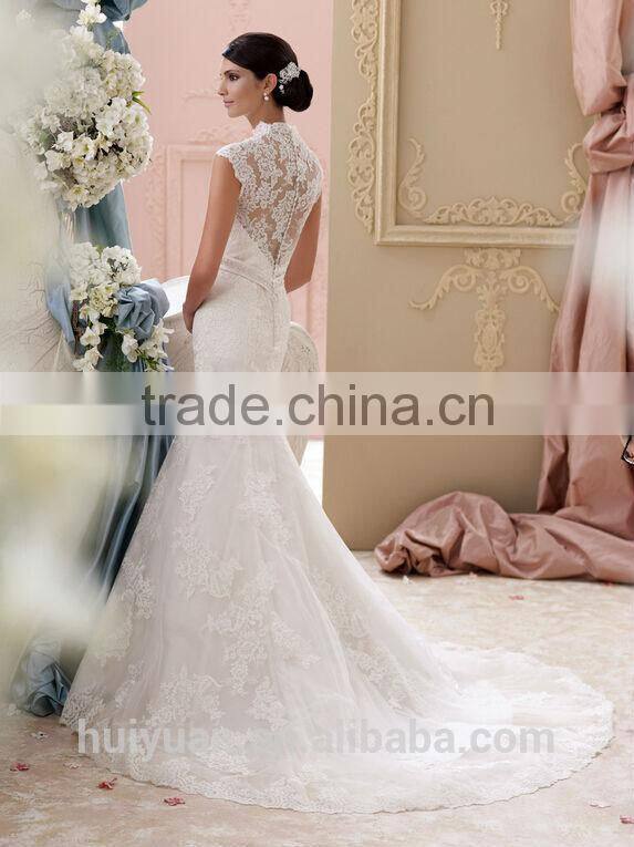 mermaid hollow cap sleeve lace wedding dress with high collar