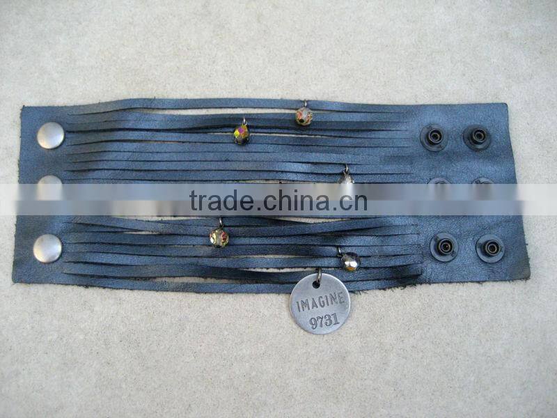 sliced leather bracelet, wide Leather Cuff - Charms Bracelet, Multi Strap Bracelet with peace and gun charms