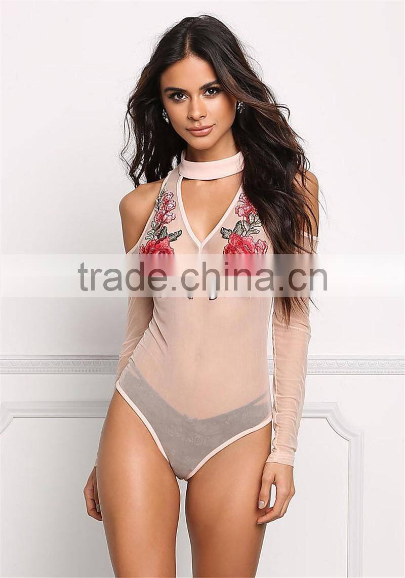 MGOO 2017 New Design Custom Blush Applique Bodysuits White See Through Rose Mesh Cutout Tops Playsuits