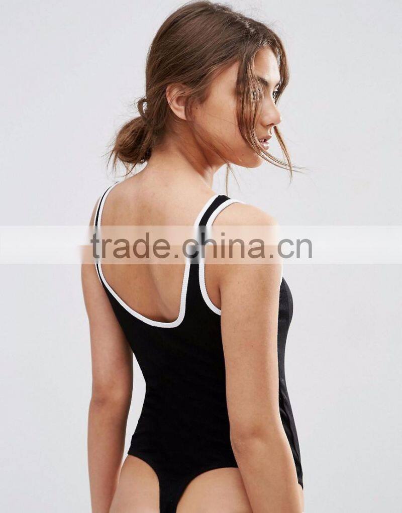 Women Plain Contrast Tipping Bodysuit Slim Knitted Basic Style Bodysuit With White Hem Eco-friendly High Quality
