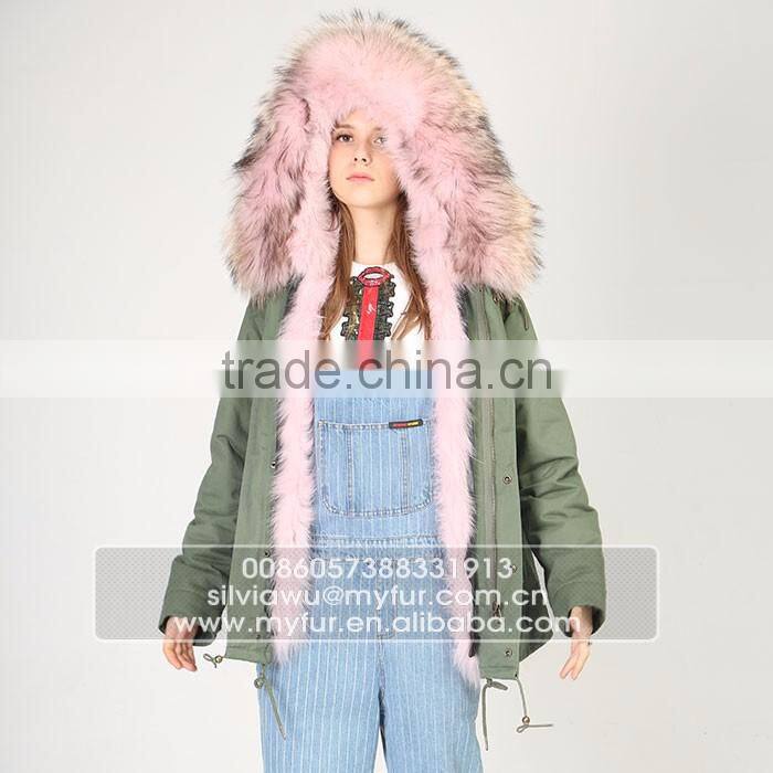Myfur Plus Size Mini Parka With Fur Lining Luxury Colorful Raccoon Fur Hood