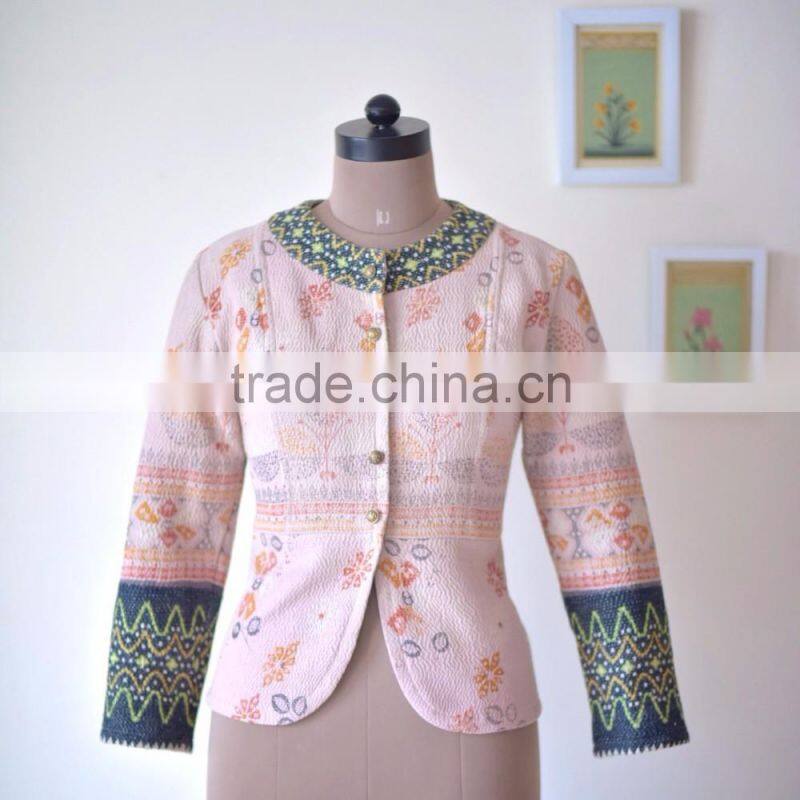 Handmade Boho Jacket with Embroidery, Made of Kantha Fabric ~ Large