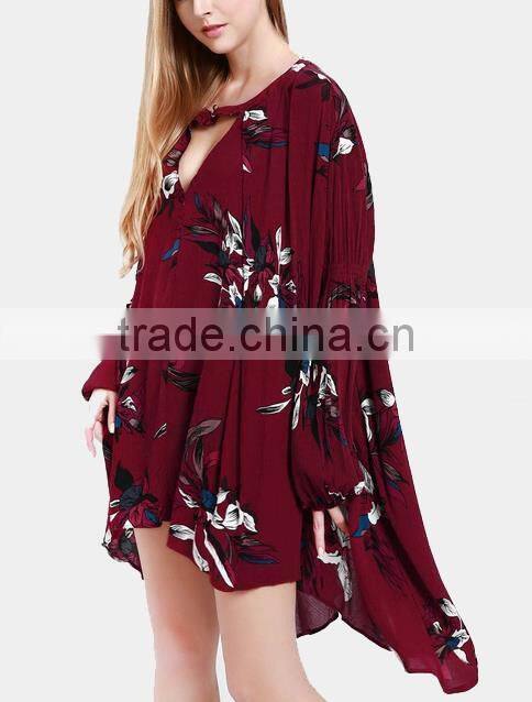 2017 Deep-v floral printed loose long sleeve sexy chiffon dress for lady