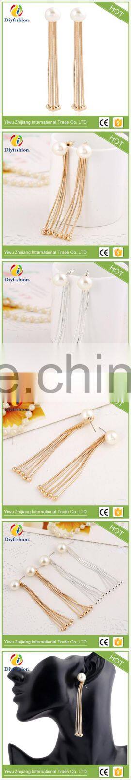 Fashion simple long pearl tassel stud earrings