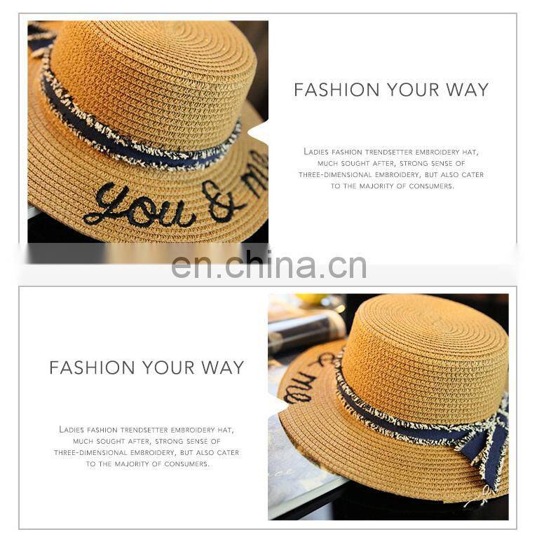 Letters Flattop Straw Hat Bowknot Hat Solar Beach Hat