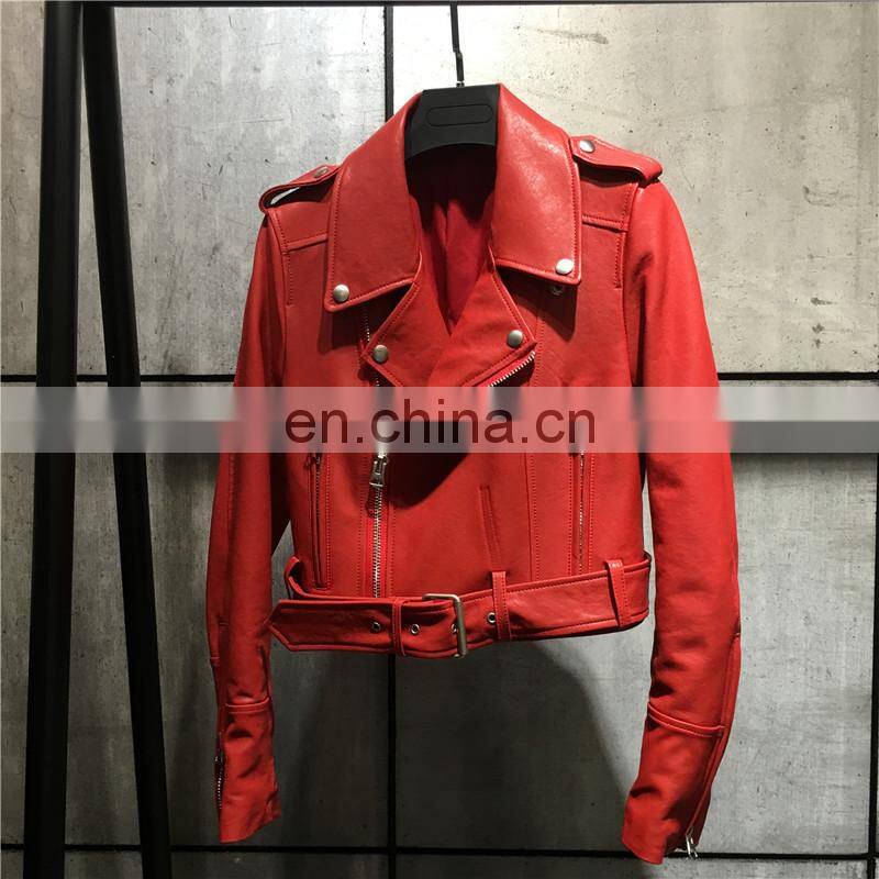 Wholesale Chinese Haining Genuine Leather Coat Woman Red Leather Jacket
