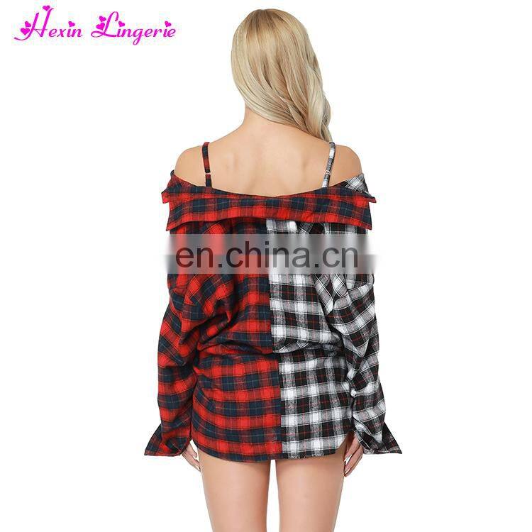 High Quality off shoulder Stitching plaid latest fashion korean off shoulder blouse