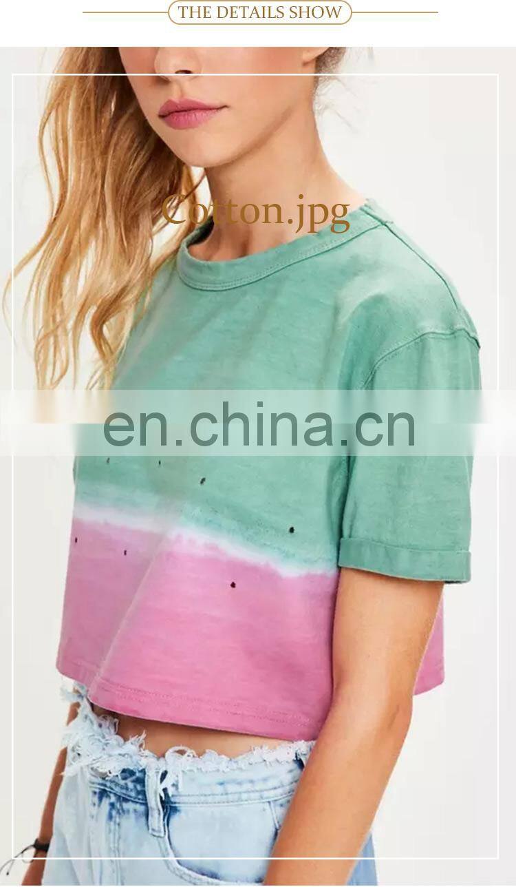 summer short sleeve distressed tie-dye cropped women t shirt