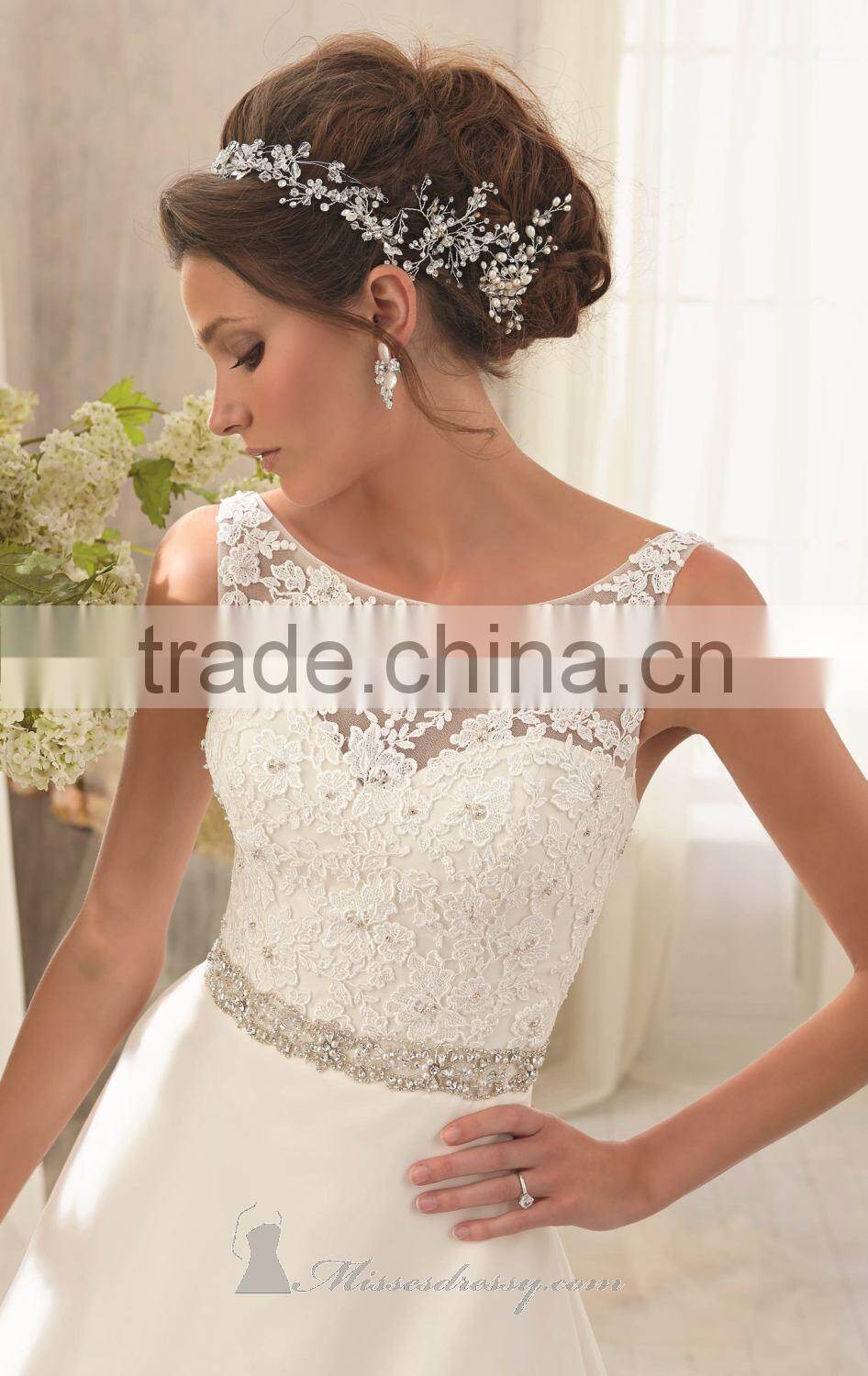 Elegant Bateau Neckline Sleeveless with Lace Applique Beads Natural Waistline Sexy Open Back Wedding Dresses