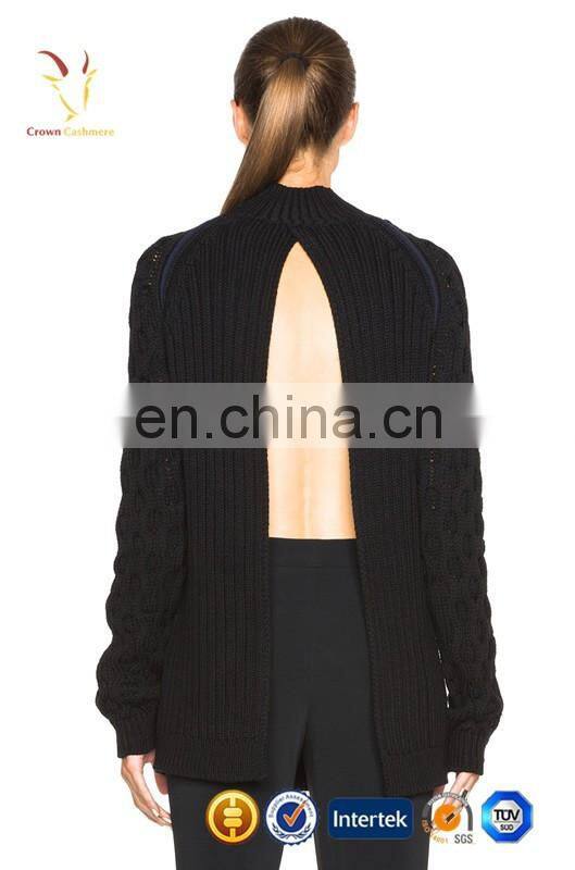 Back Open Placket Cable Knitted Sweater Women Pullover
