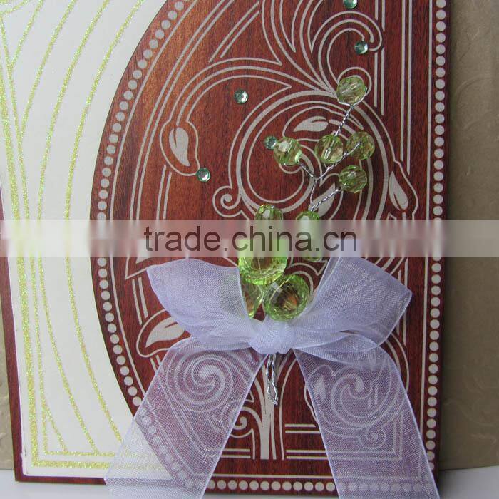 2016 Luxury laser cut greeting bowknot handbag wooden wedding invitation card