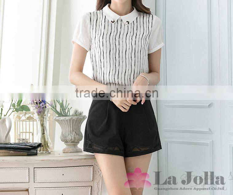 Lastest Summer Chiffon White Stripes Between Black Blouse 090