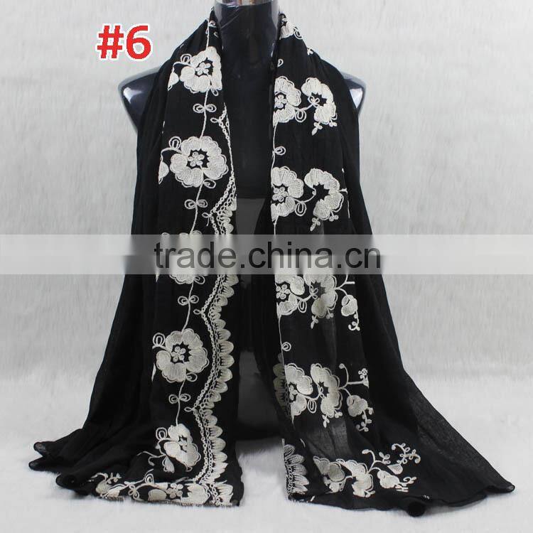 New Style Cotton Viscose Beautiful Flower Design Embroidery Shawl Scarf
