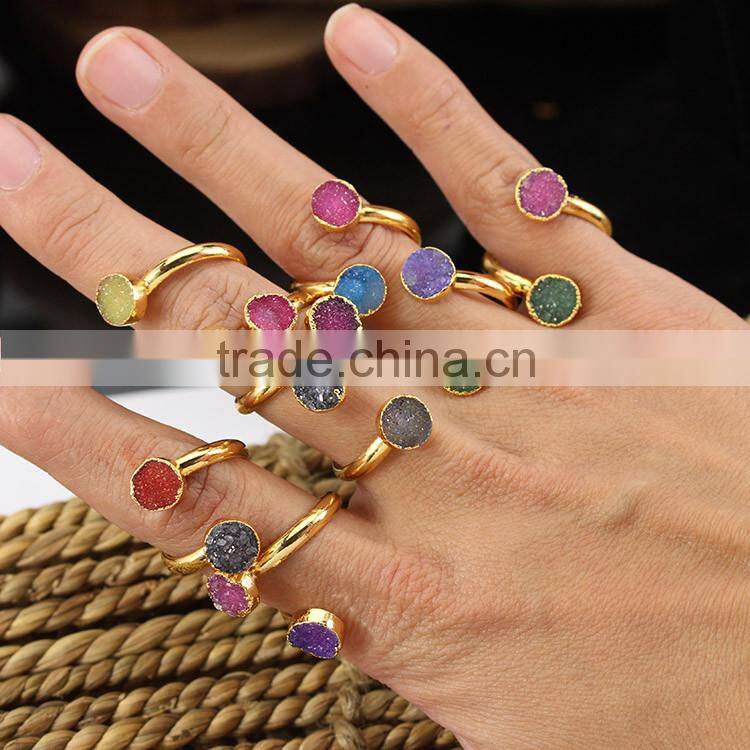RG1090 Wholesale Double Stone Agate Druzy Ring,Gold plated Two Agate Druzy Geode Ring