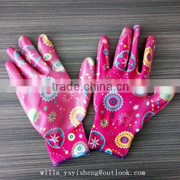 Flower printed nitrile coated polyester arthritis gloves