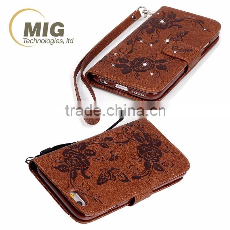Fasion designed Diamond butterfly wallet leather case cover with strap, leather case with inside TPU for iphone 6s/6 plus