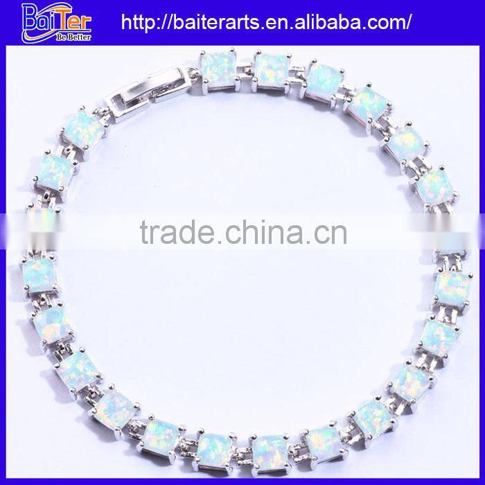 925 Sterling Silver Blue Inlay Opal Hamsa Hand Link Bracelet