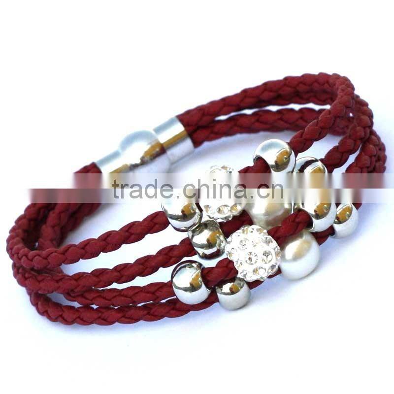 Lady PU Leather Cuff Wrap Wristband Magnetic Buckle Bracelet with Sliding Beads