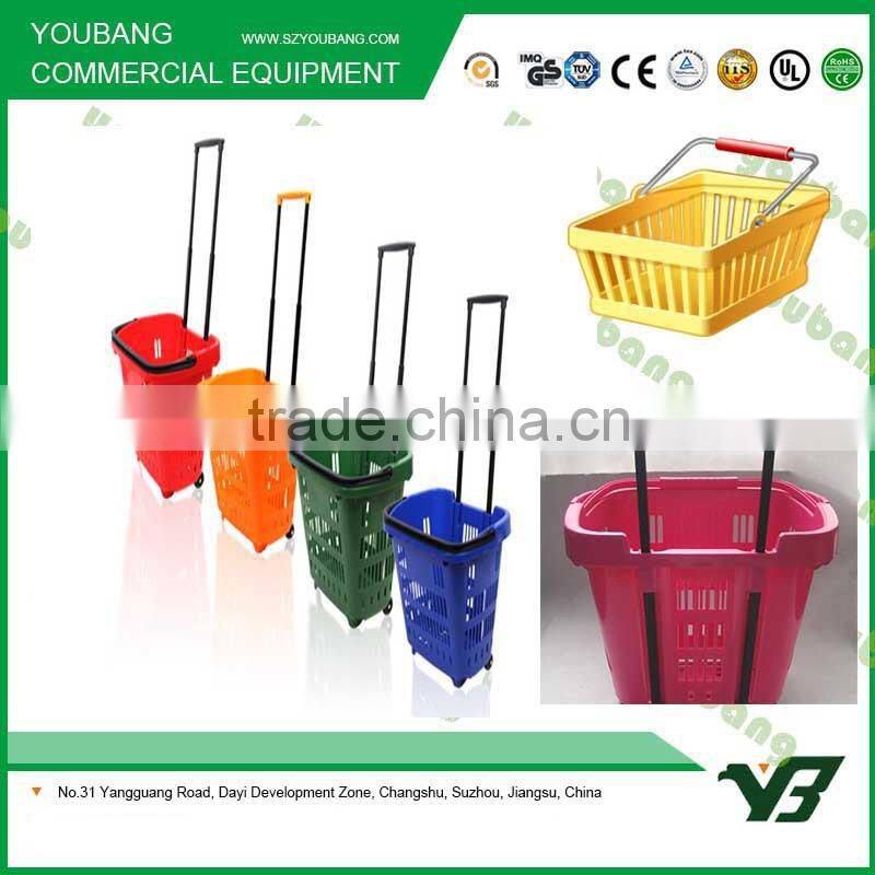 Hot sell good cheap 45 Liter HDPP red color double handle roll market basket trolley with wheels (YB-W017)