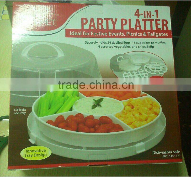 4-in-1 Portable Plastic Party Platter with Lid - Cupcake Carrier / Egg Holder / Veggie Tray / Chip and Dip Server Plate