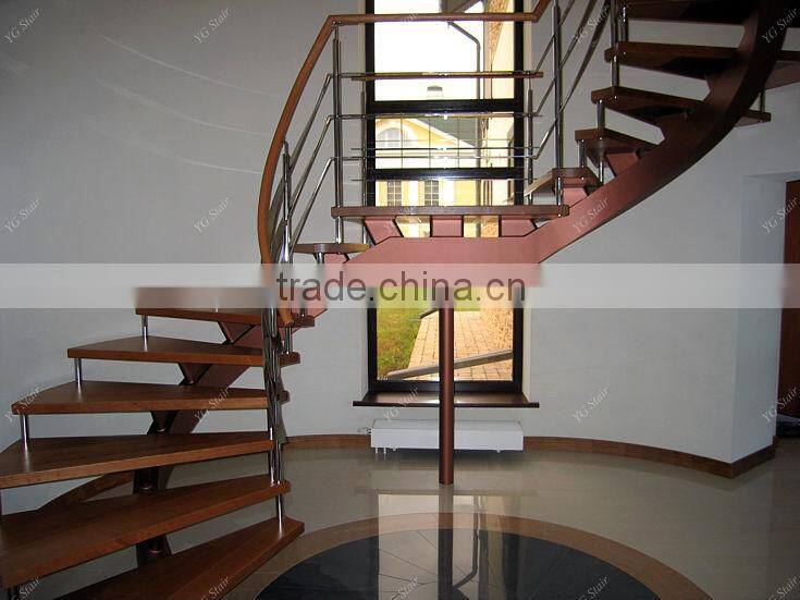 Indoor wood step straight staircase with glass railing