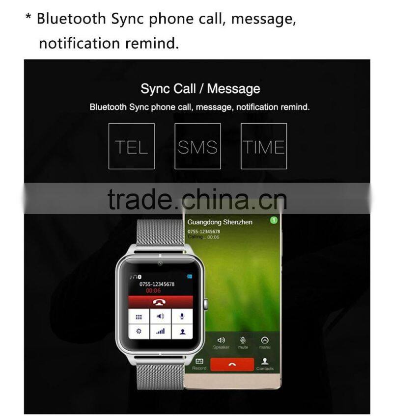 smart watch metal/leather band bluetooth sync to your phone call,message remind , Pedometer,sleep monitor, TF card support