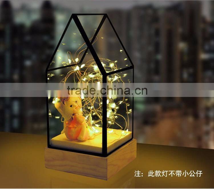 Decorative Glass House Design Night Light, Wooden DIY Fireworks Silver Flower Beautiful Bedding Room Warm Light