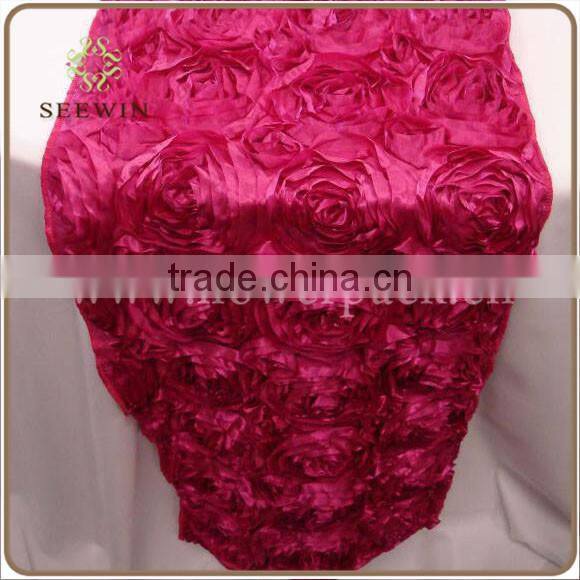 Plain dyed Pattern and Satin fabric,100% polyester satin Material Satin Rose Embroidery Table Runner/wedding deco rosette table