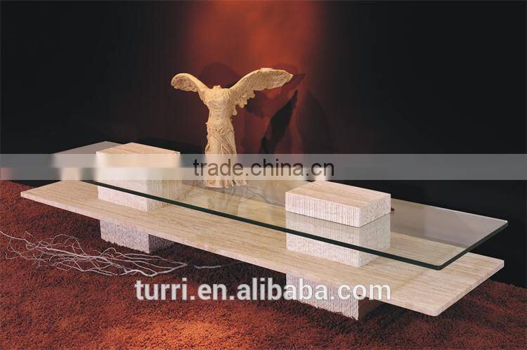 Austere white marble TV stand with tempered glass top