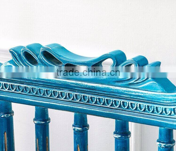 Antique Handmade Solid Wood Square Back Carving Armchair Painted in Vintage Blue and with Striped Fabric BF12-03294b