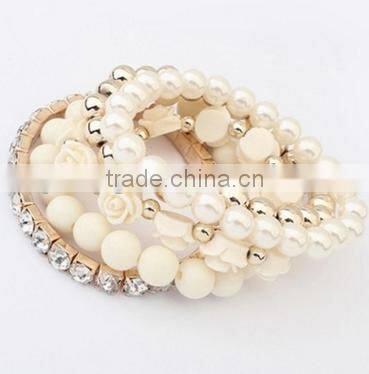 2016 Trendy Fashion Candy Color Pearl Rose Flower Multilayer Charm Bracelet & Bangle For Women Fashion Jewelry