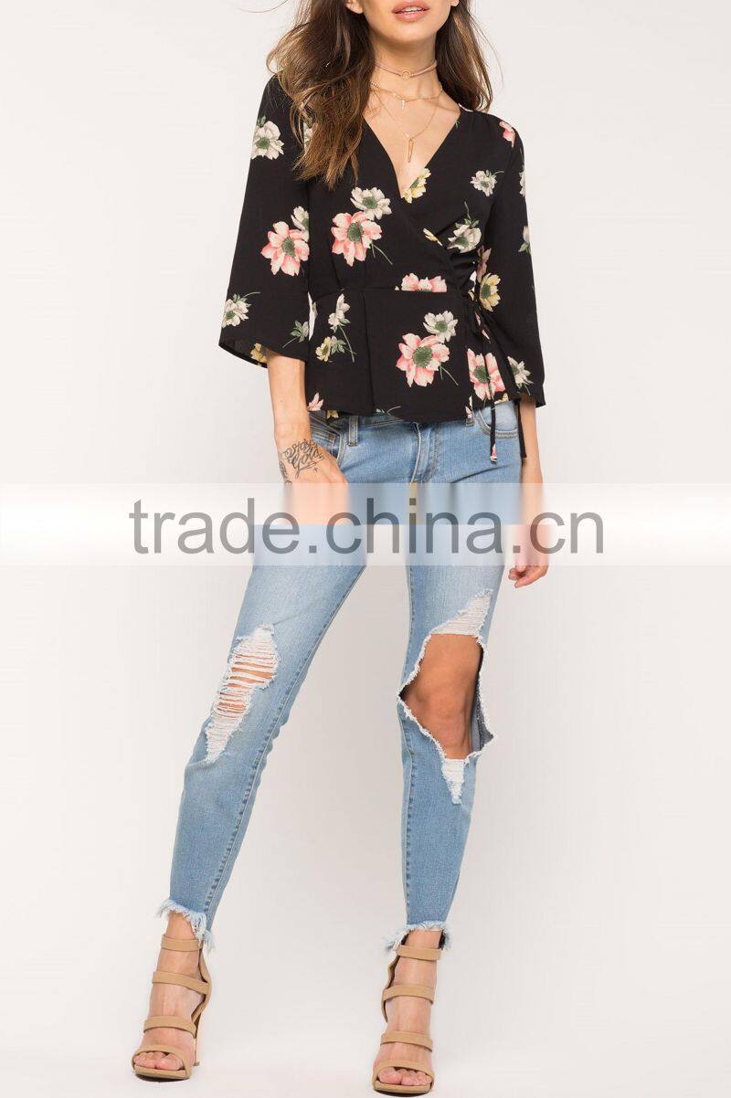 New designs ladies fashion deep v neck 3/4 sleeveless floral print surplice wrap blouse