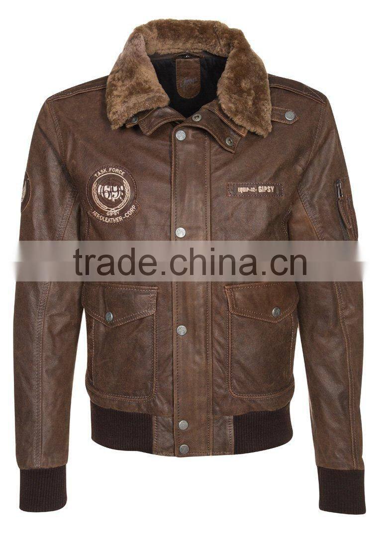 2014 new brown PU leater sherpa jacket for men
