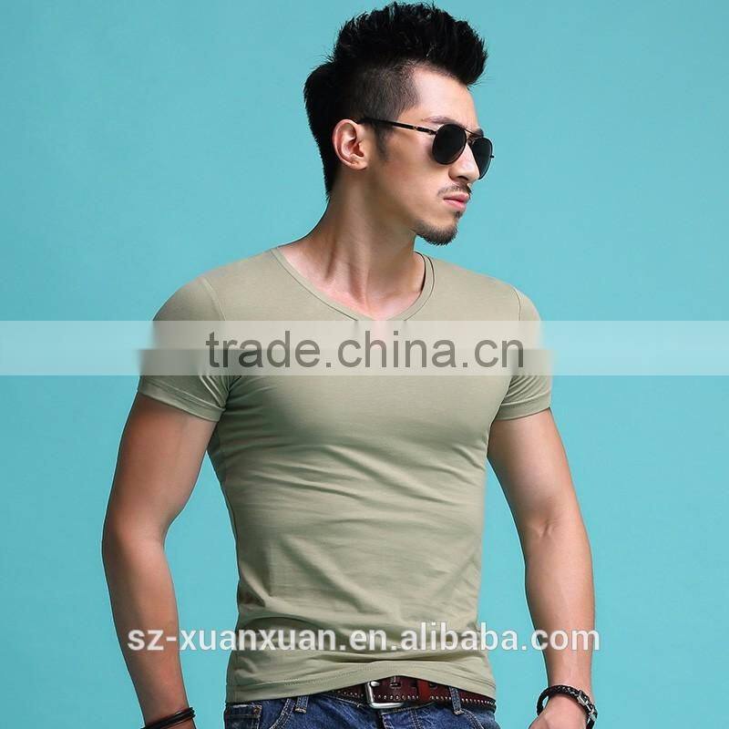 Cheap plain printing pure color cotton men v-neck t-shirt wholesale China