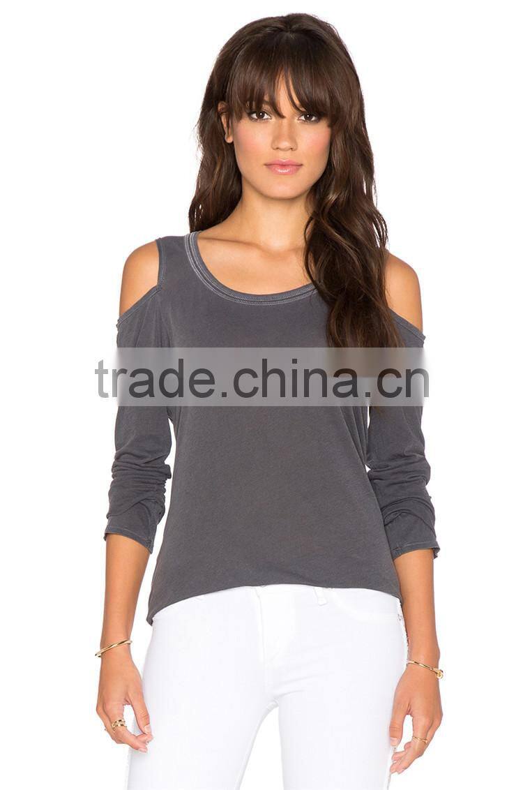 Ladies new design cotton extended off shoulder long sleeve t shirt design