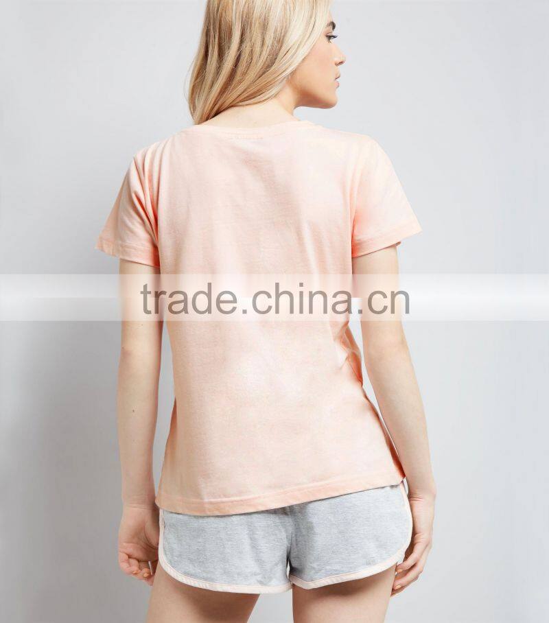 Wholesale Pink Nightwear Pyjamas Set Gold Foil Print 100% Cotton Sleepwear Set Shorts With Piping