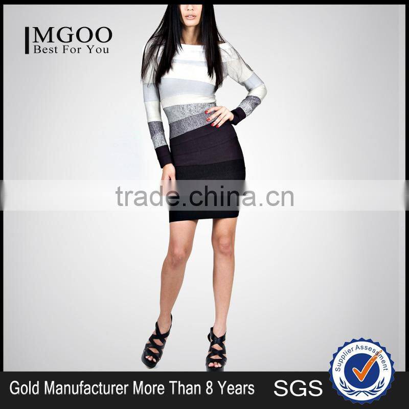 MGOO Wholesale Custom Made OEM/ODM Women Bandage Dress Long Sleeves Spandex Thick Stripe Knee Length Vestidos H234