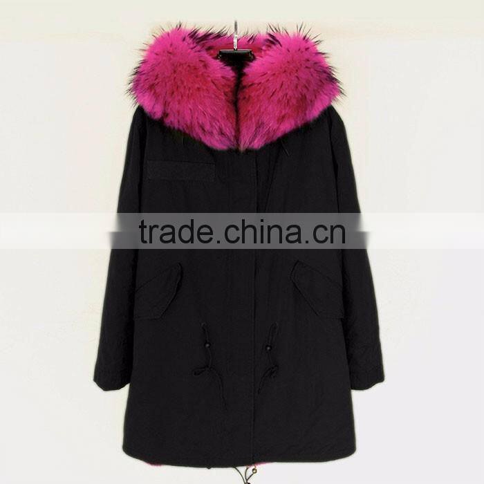 Myfur Hot Sale Black Cotton Women Men Parka with Real Black Raccoon Fur Collar Trimmed Hood