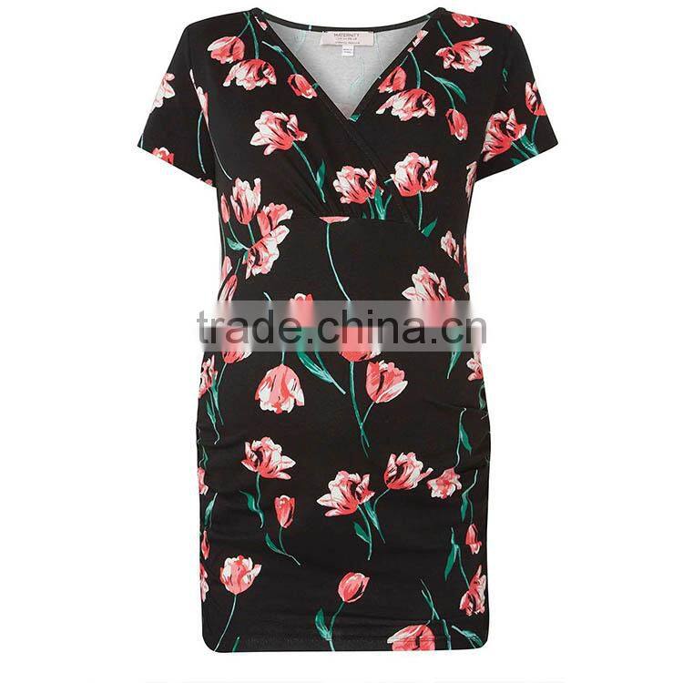 Black Tulip Print Wrap Maternity Top Clothes Cheap