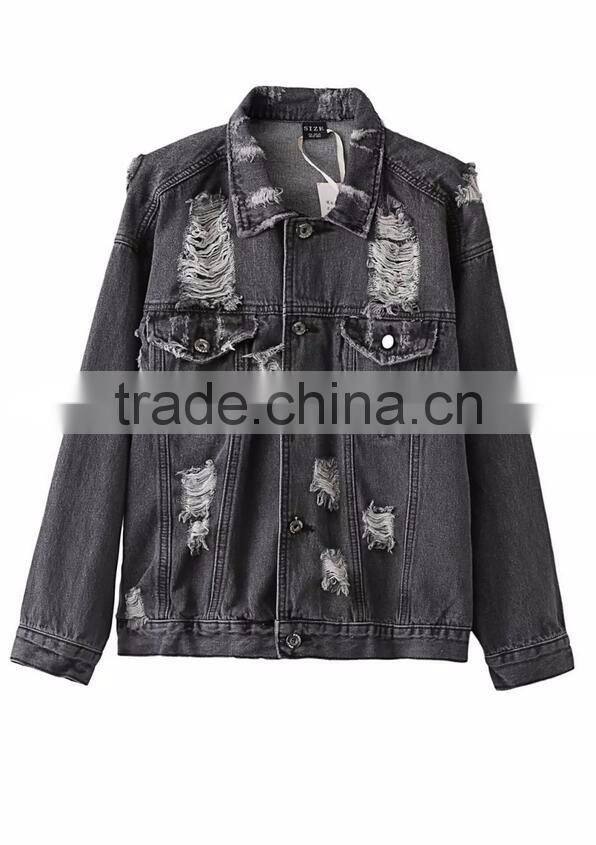 Runwaylover EY1070C 2017 Women Spring Autumn Hole Fashion Washed Denim Jackets
