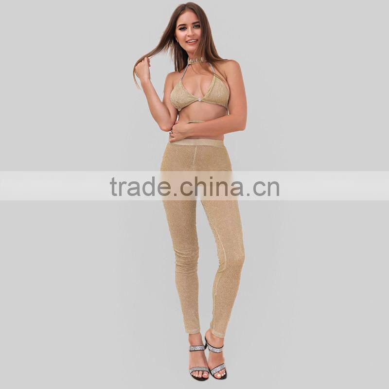 Runwaylover 078 Europe Style 2017 Ladies Sexy Beaded Crop Top And Tight Pants