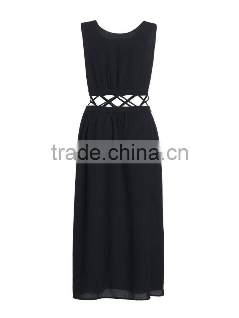 Latest Girls round neck black chiffon waist halter long dress