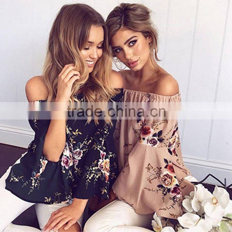 Fashion blouse design Floral Tie-Sleeve Off-Shoulder Top&blouse for sale 2017