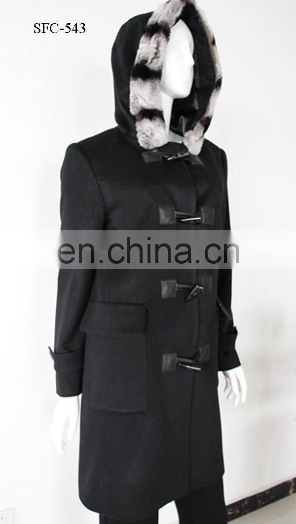 2015-2016AW ladies' 100% Cashmere Coat with Rex Rabbit Hoody