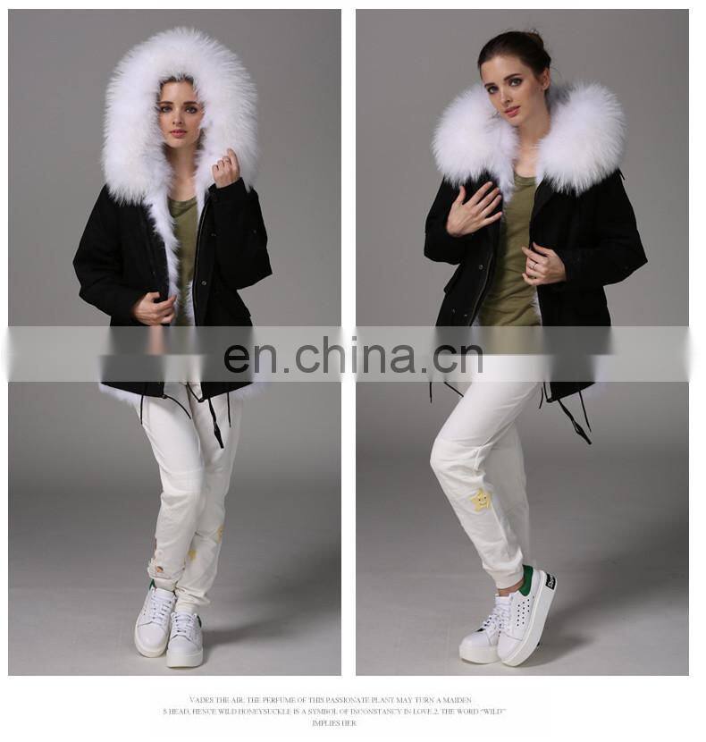 Fashion Women Black Jacket With Raccoon Collar And White Fox Fur Coat
