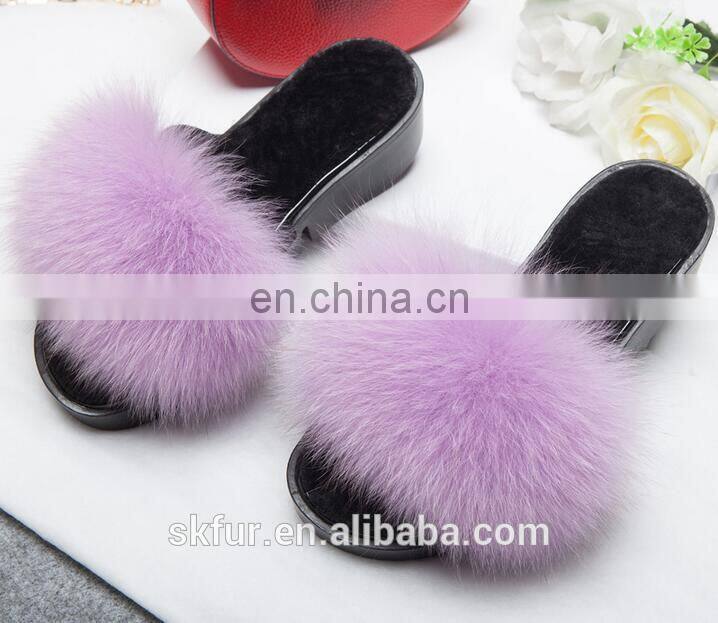 Factory supply stylish and soft real fox fur slide sandals for women