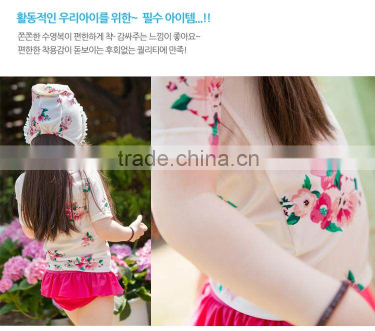beautiful flower printed children bath suits fancy swimwear with cap wholesale