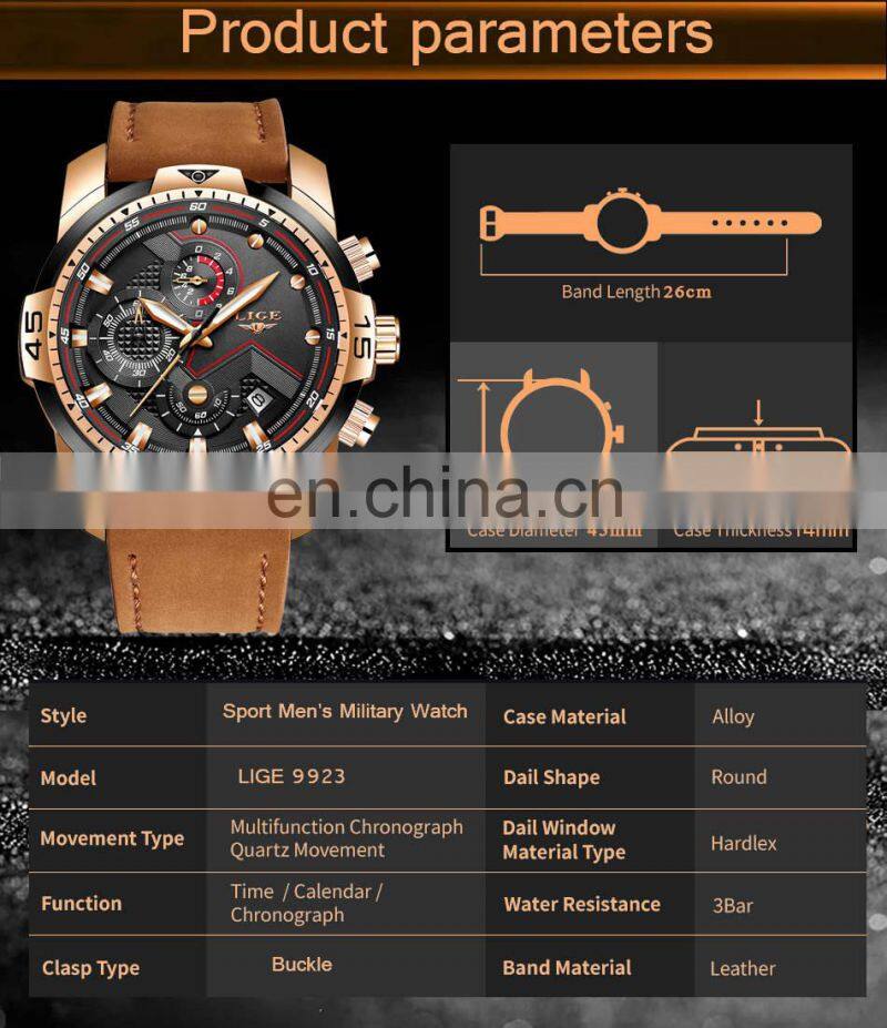 LIGE 9923 Mens Quartz Watch Multifunction Chronograph Fashion Waterproof Leather watch men luxury
