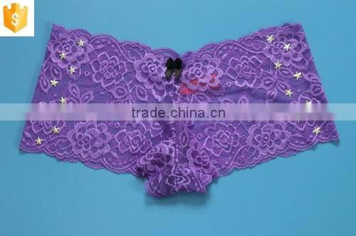 purple sexy full lace transparent woman panties with star metal decorated